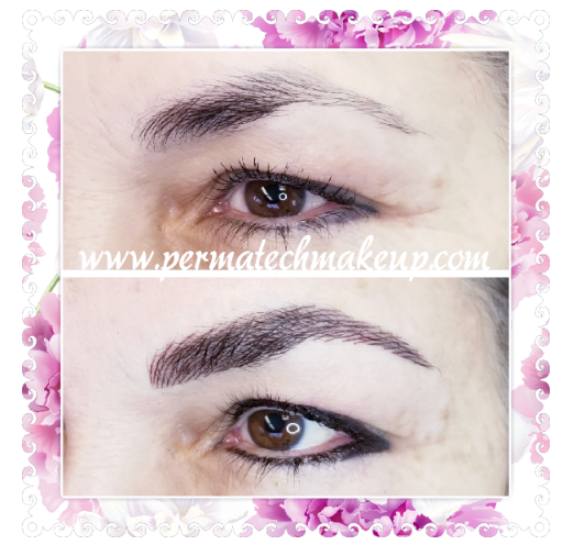 Before and after cosmetic tattoo of eyebrows and eyeliner.