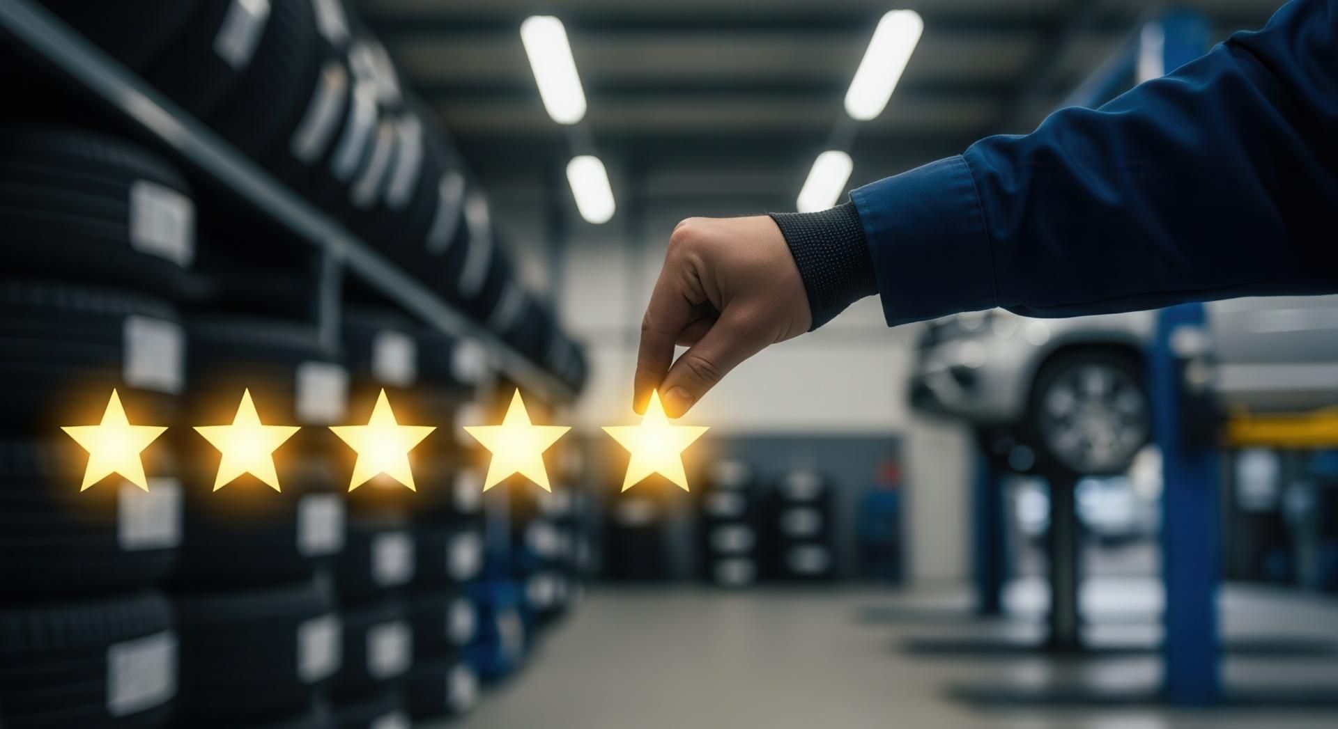 Hand placing a glowing five-star rating in a modern car service garage