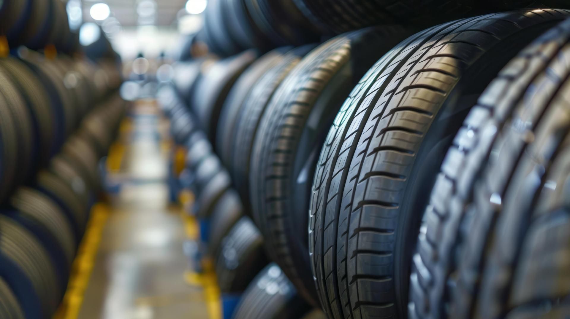 Rows of black car tires stacked in a warehouse aisle, stretching into the background.