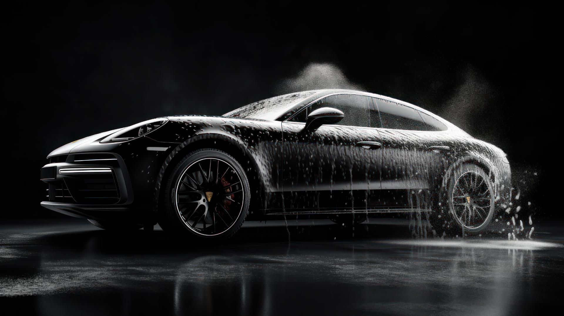 Black sports car being washed in the rain on a dark reflective surface