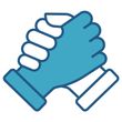 Two hands, one blue and one white, clasped together in a handshake, symbolizing cooperation.