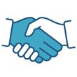 Two blue hands shaking in a gesture of agreement.
