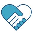 Blue and white heart shape formed by two hands shaking. Symbolizes unity, trust, and partnership.