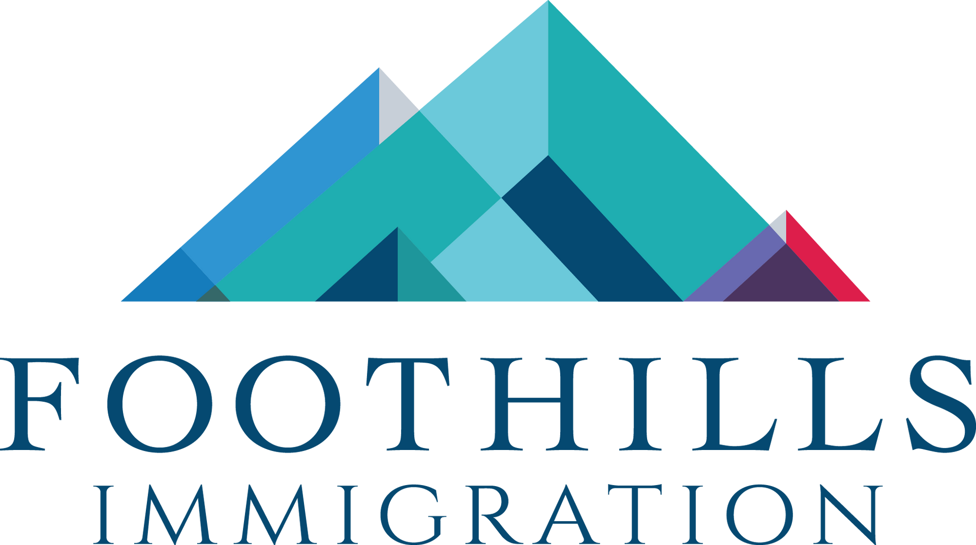 Logo for Foothills Immigration: geometric mountain in shades of teal, blue, and a touch of red. Text below.