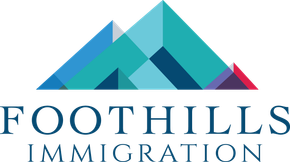 Logo for Foothills Immigration: geometric mountain in shades of teal, blue, and a touch of red. Text below.