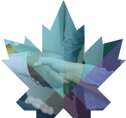 Maple leaf shape with handshake overlaid, blue tones.