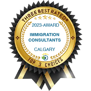 Three Best Rated award for Immigration Consultants in Calgary, 2023. Gold and black ribbon.