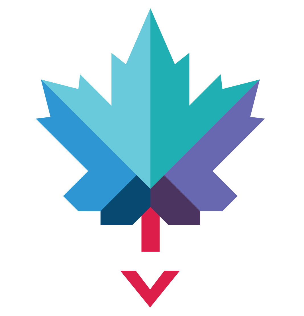 Geometric maple leaf with blue, teal, purple, and red hues, pointing downwards.