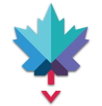 Geometric blue, teal, and purple maple leaf with a red arrow pointing downwards.