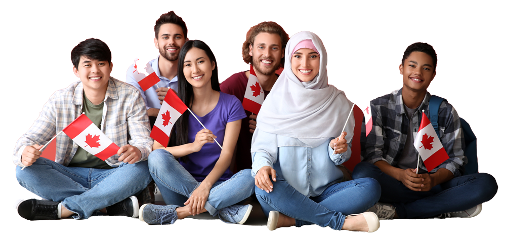 Group of people holding Canadian flags and smiling.