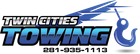 Twin Cities Towing logo with blue tow hook and phone number 281-935-1113
