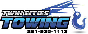 Twin Cities Towing logo with blue tow hook and phone number 281-935-1113
