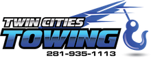 Twin Cities Towing logo with blue tow hook and phone number 281-935-1113
