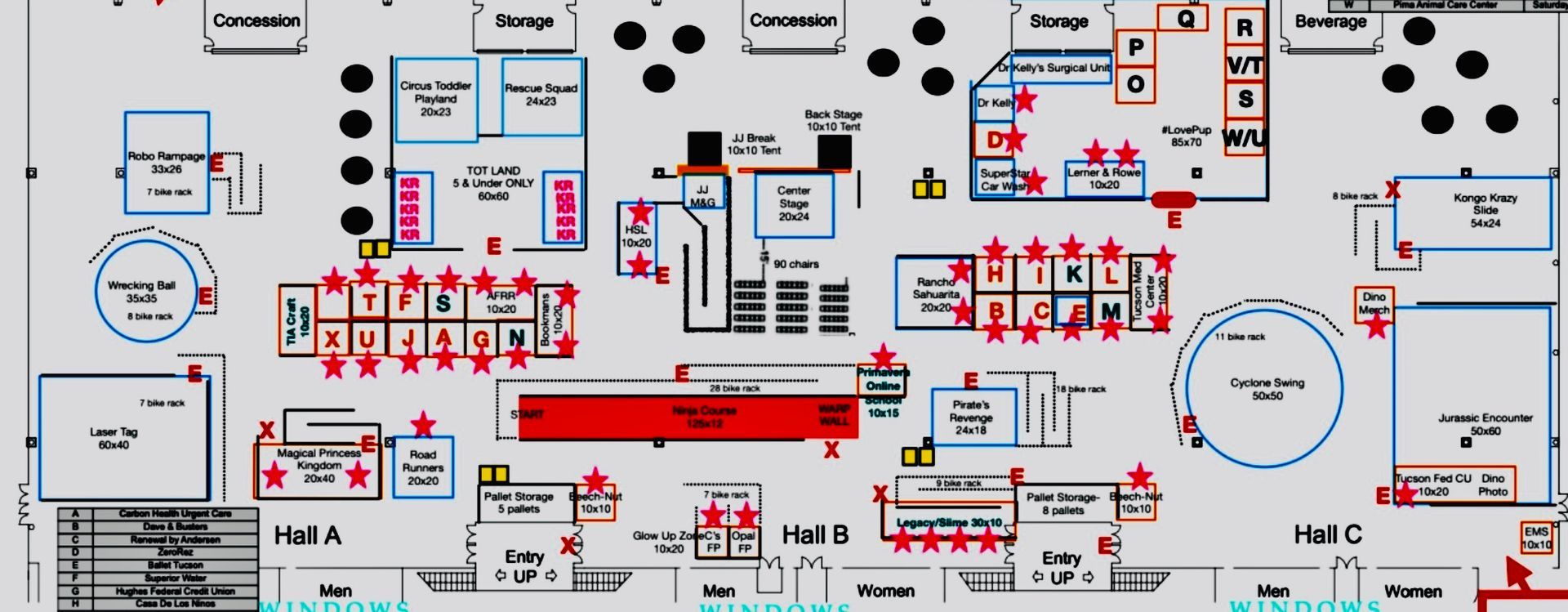 Floor plan of a building with halls A, B, and C, storage areas, and labeled areas, marked with red stars.
