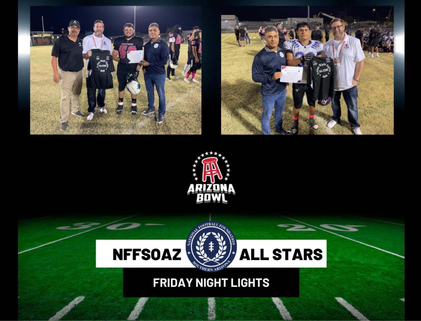 Arizona Bowl All Stars: Football players in uniforms receiving awards on a field.