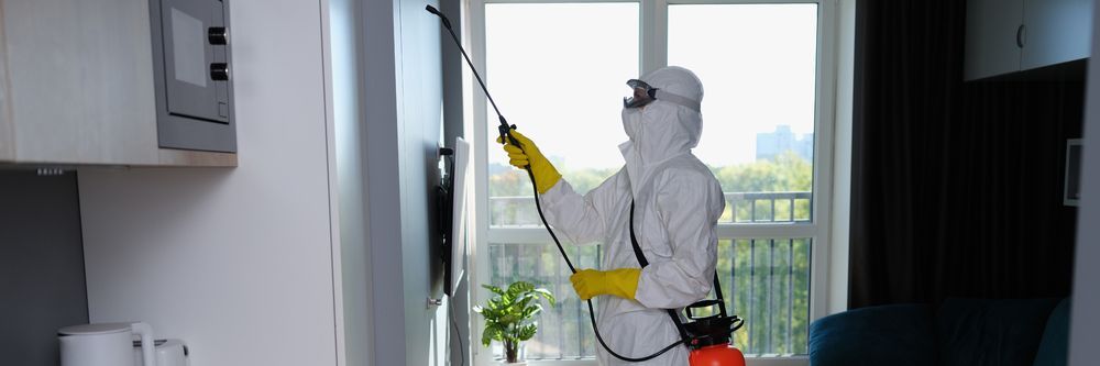 Una persona con indosso una tuta protettiva pulisce una finestra con un attrezzo giallo in una stanza luminosa.