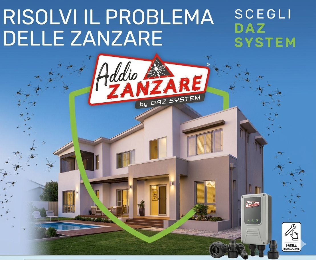 Adv ad Addio Zanzare per una casa moderna, con insetti, testo “RISOLVI IL PROBLEMA DELLE ZANZARE” e dispositivo Daz System