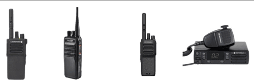 A group of walkie talkies sitting next to each other on a white background