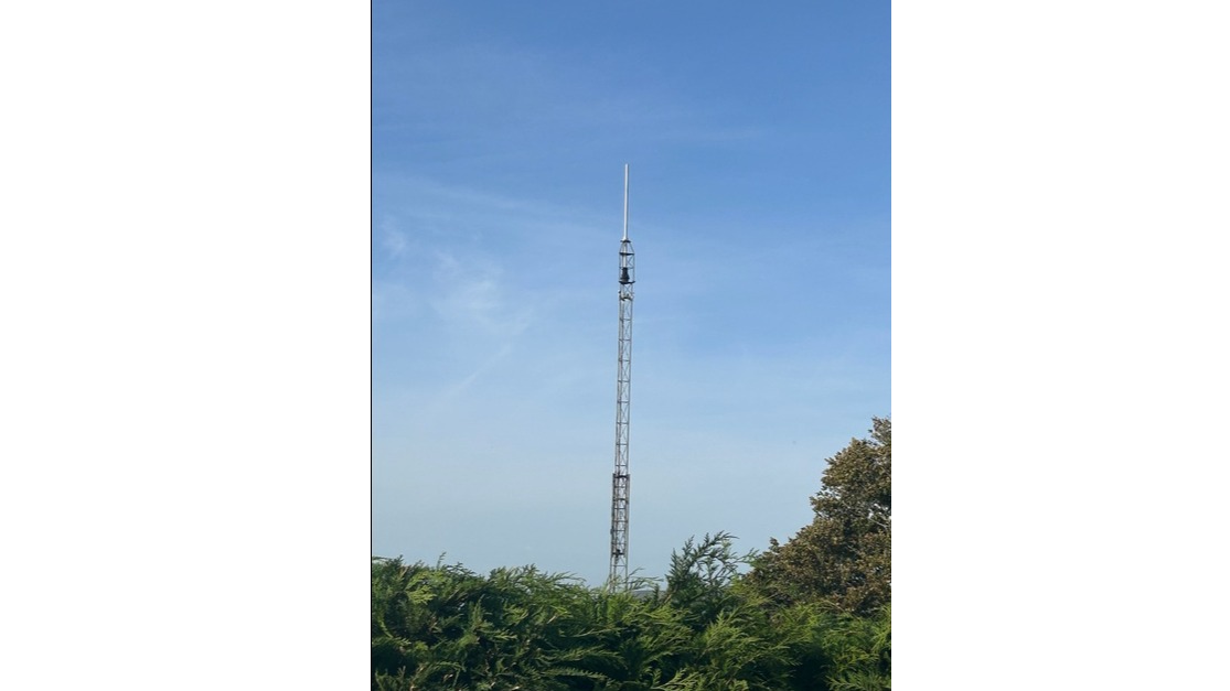 A tall tower with a blue sky in the background is surrounded by trees.
