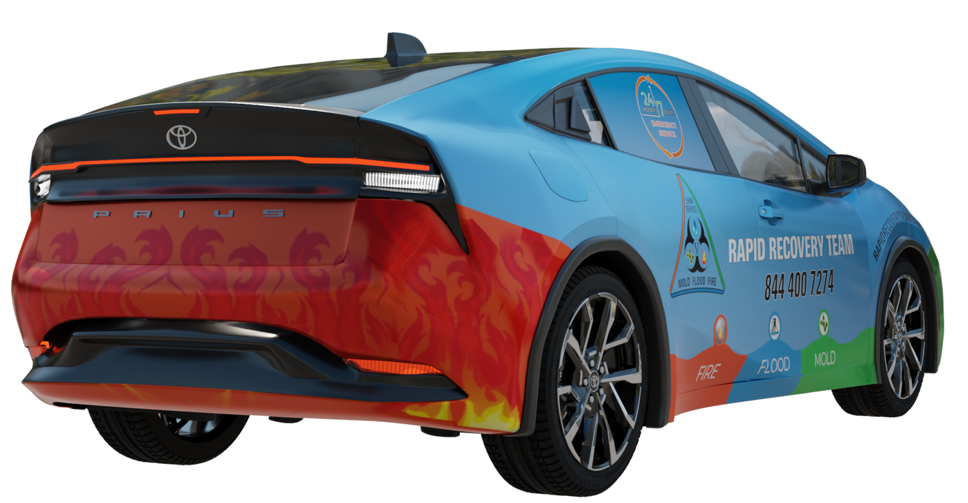 The back of a blue and red car with flames on it.