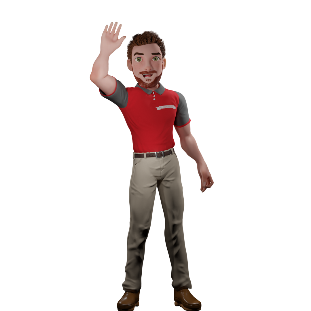 A man in a red shirt and grey pants is waving his hand
