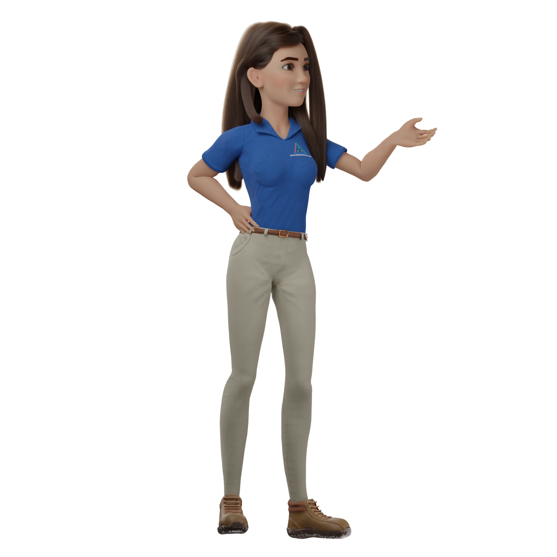 A cartoon woman in a blue shirt and khaki pants is standing with her hand outstretched.