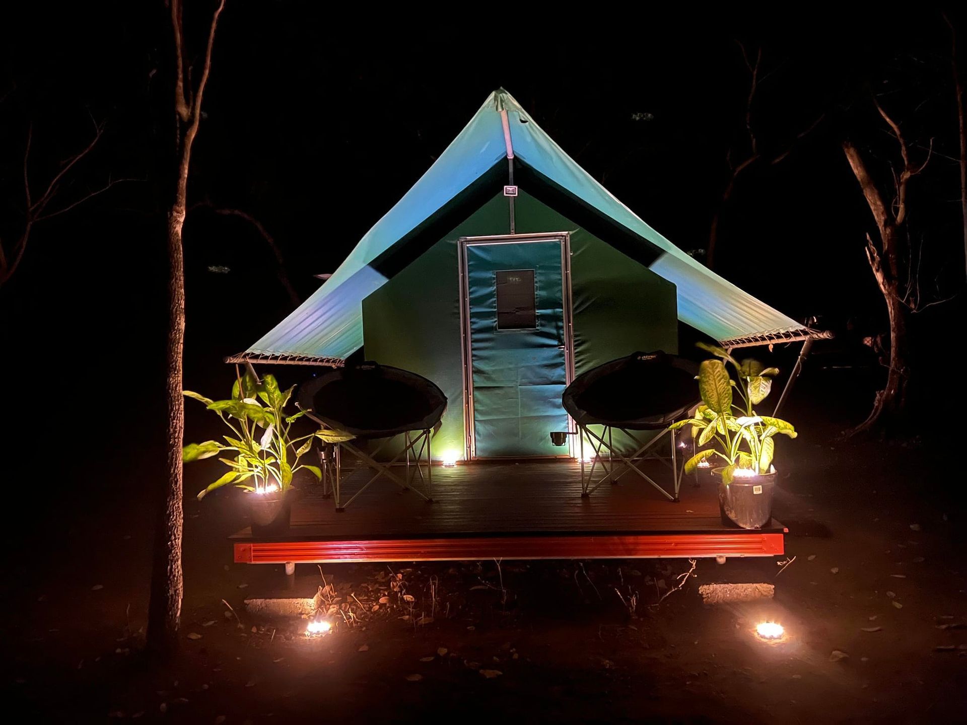 Teal and Green Glamping Tent at Night — Kakadu Billabong Safari Camp in Kakadu, NT