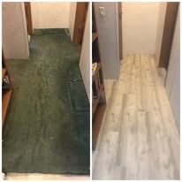 Before and after hallway: green carpet versus light wood laminate flooring.