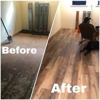 Comparison of a room before and after flooring installation; dirty floor vs. new wood-look planks.