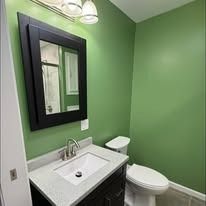 Bathroom with green walls, black-framed mirror, white toilet, and sink with gray countertop.