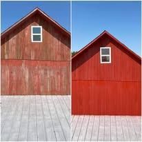Side-by-side comparison of a weathered barn and a freshly painted red barn with white trim.