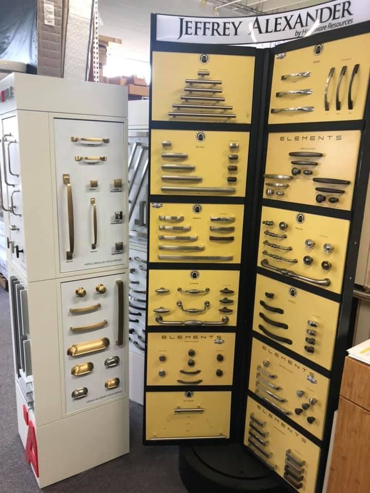 A display of jeffrey alexander handles in a store