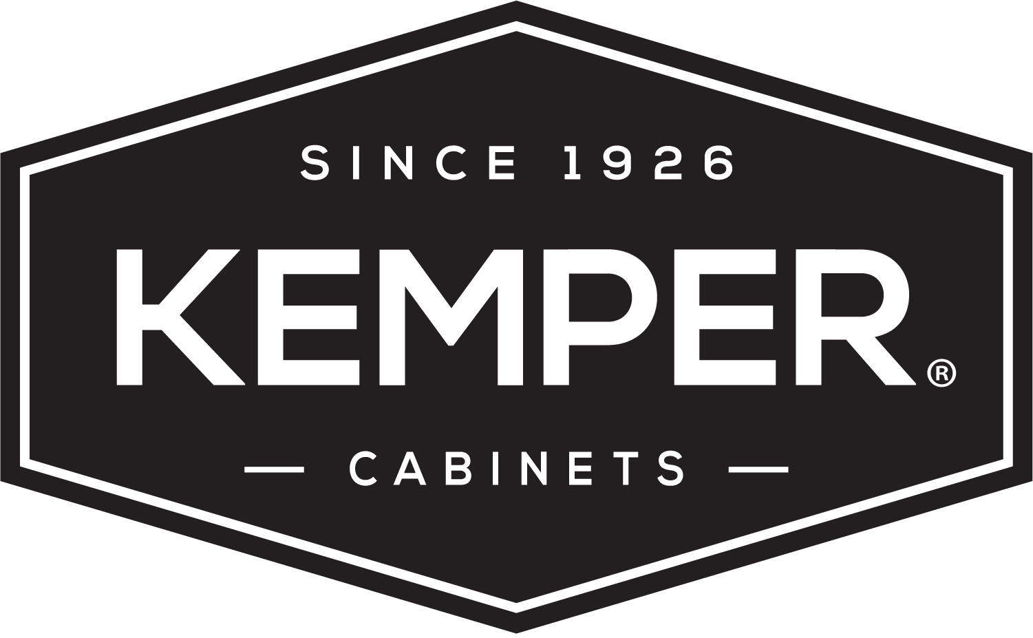 A black and white logo for kemper cabinets.