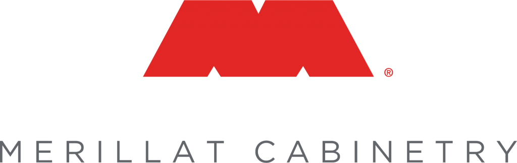 The merillat cabinetry logo is a red m on a white background