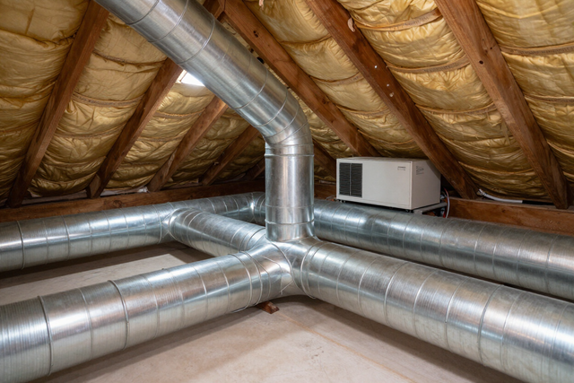 Attic with insulated ductwork and HVAC unit under sloped roof