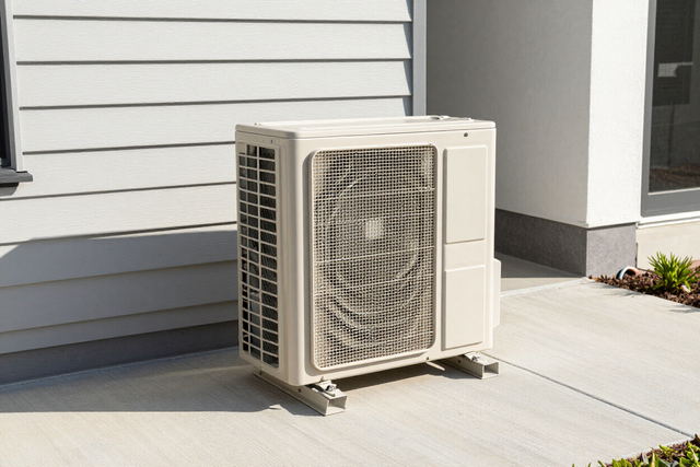 Outdoor air conditioning unit beside a house wall on a concrete patio