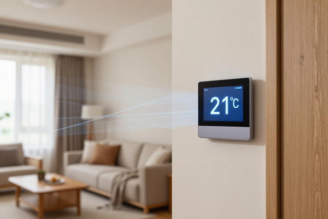 Wall thermostat displaying 21°C in a bright living room