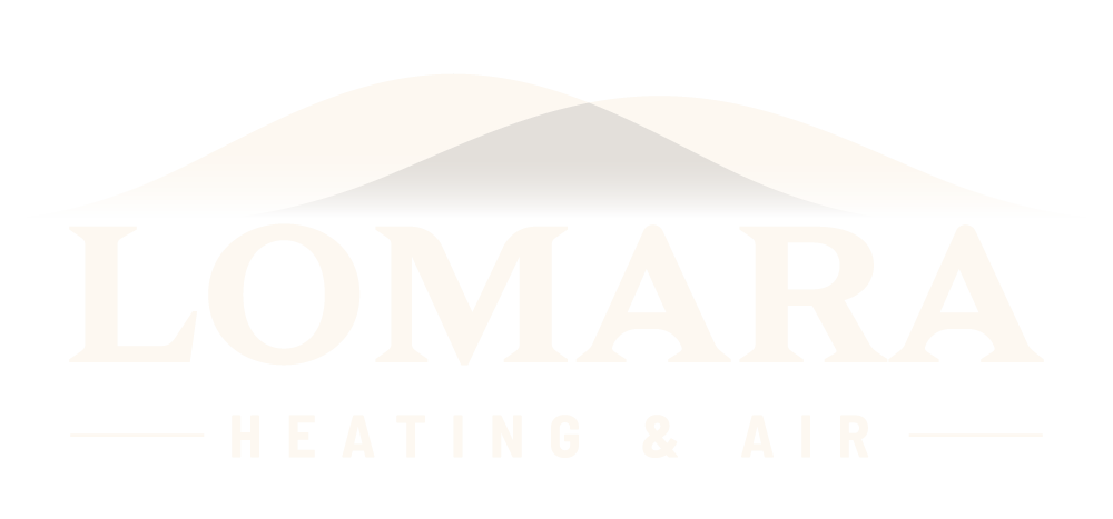 Lomara Heating & Air logo in pale beige with a roofline graphic
