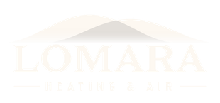 Lomara Heating & Air logo in pale beige with a roofline graphic