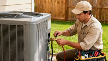 Technician repairing outdoor air conditioner with tools and gauges beside the unit