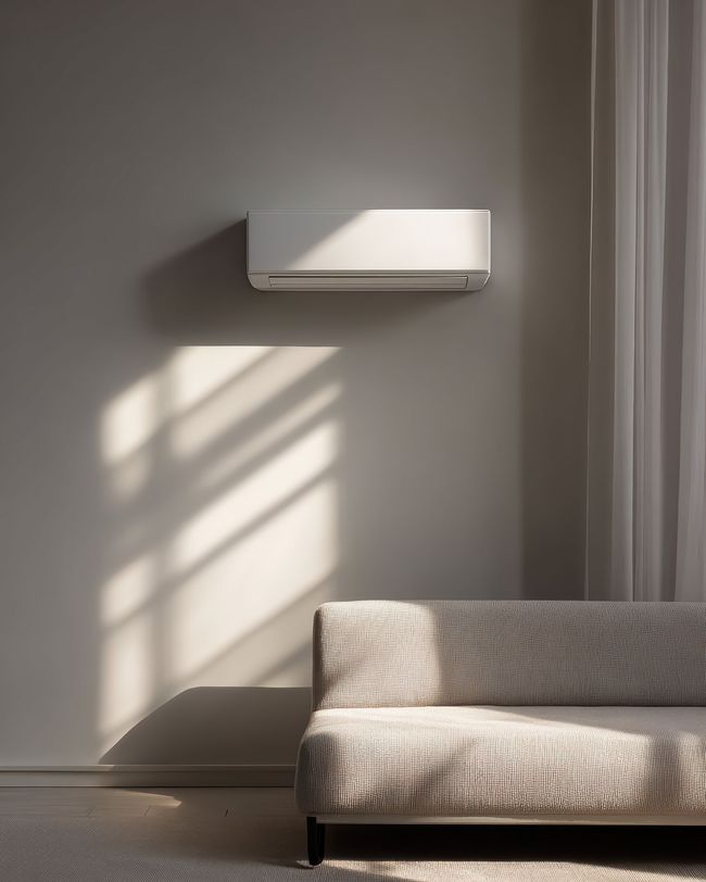 Sunlit minimalist room with a beige sofa, wall-mounted AC, and shadows on the wall