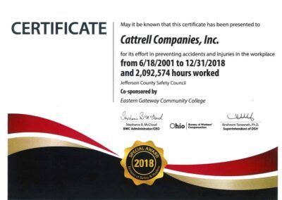 Certificate for Cattrell Companies, Inc. for preventing workplace injuries in 2018, with red, black and gold ribbon design