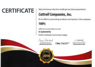 Certificate for Cattrell Companies, Inc. recognizing 100% incident-free workplace in 2018