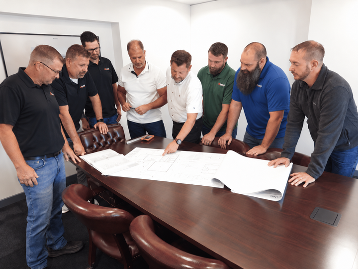 Group of people gathered around a conference table, reviewing large architectural plans together