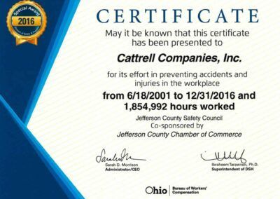 Blue-and-gold certificate for Cattrell Companies from Jefferson County, Ohio workers’ comp award, 2016