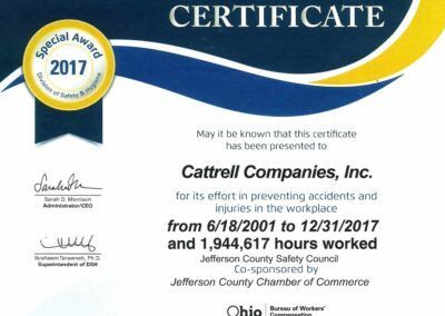 Certificate for Cattell Companies, Inc. with 2017 Special Award ribbon and blue-gold design