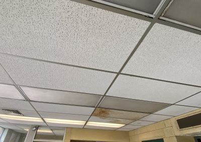 Ceiling tiles in an office with a visible brown water stain near the center