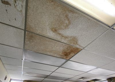 Ceiling tiles with brown water stains and a leaking light fixture in an office-like room