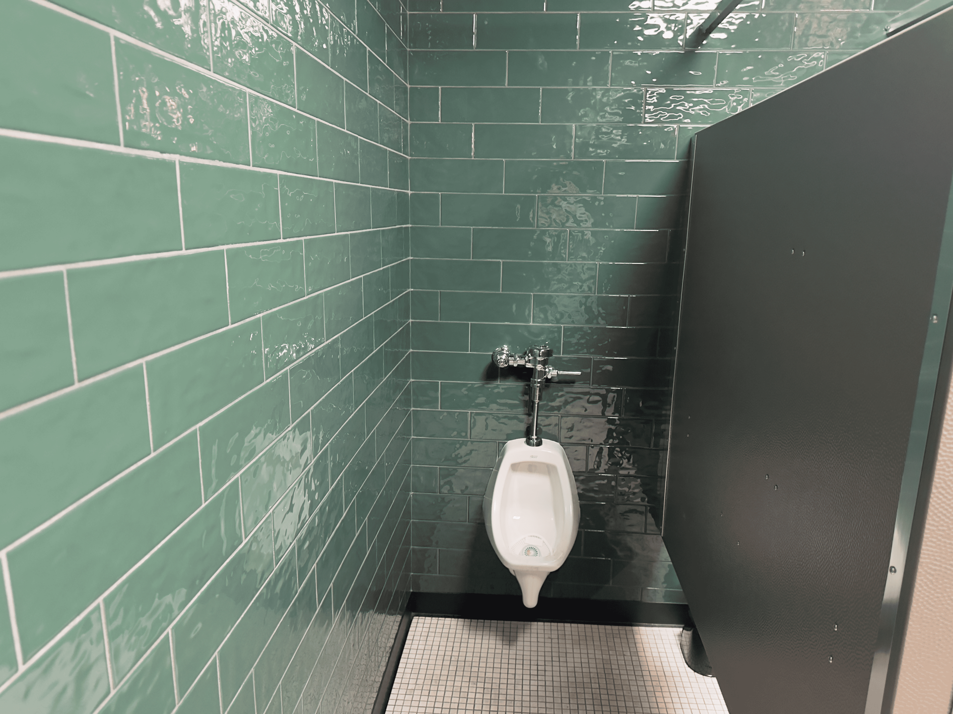 Small restroom with green tile walls, a wall-mounted urinal, and a dark privacy partition.