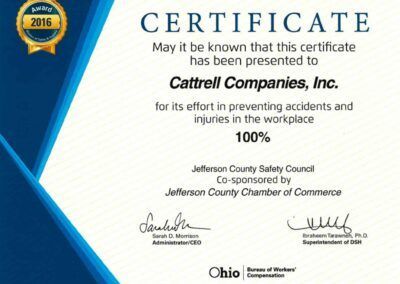 Certificate from Jefferson County Safety Council honoring Cattrell Companies for workplace injury prevention